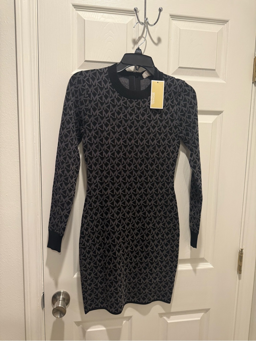 Michael Kors Black and Gray MK Logo Long Sleeve Knit Dress